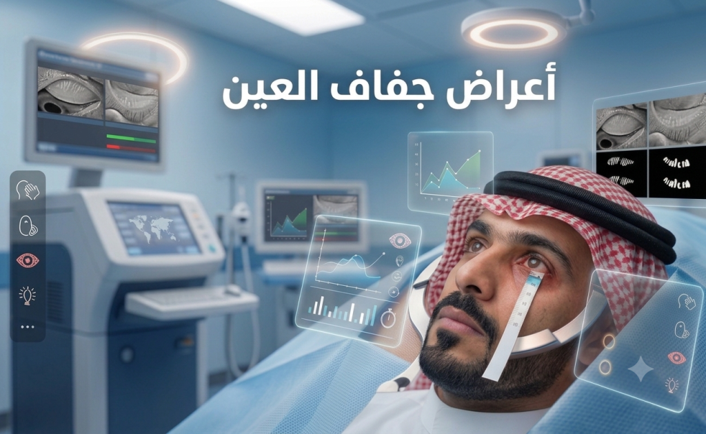 صورة تظهر شخص عليه جميع أعراض جفاف العين ومقياس لهذا الجفاف