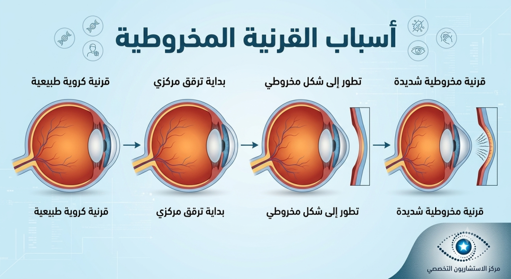 صورة توضح اهم أسباب القرنية المخروطية