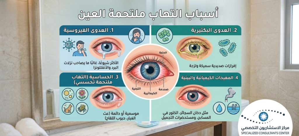 صورة تشرح أسباب التهاب ملتحمة العين وأنواعه