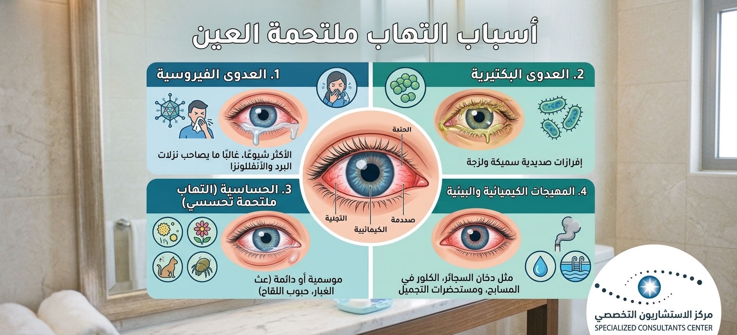 صورة تشرح أسباب التهاب ملتحمة العين وأنواعه