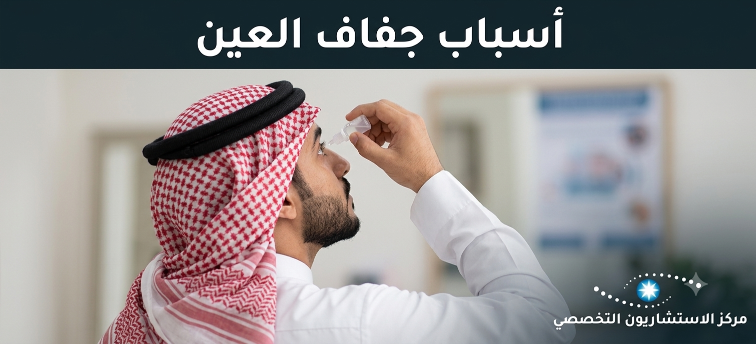 شخص يعاني من جفاف العين وصورة توضح أسباب جفاف العين