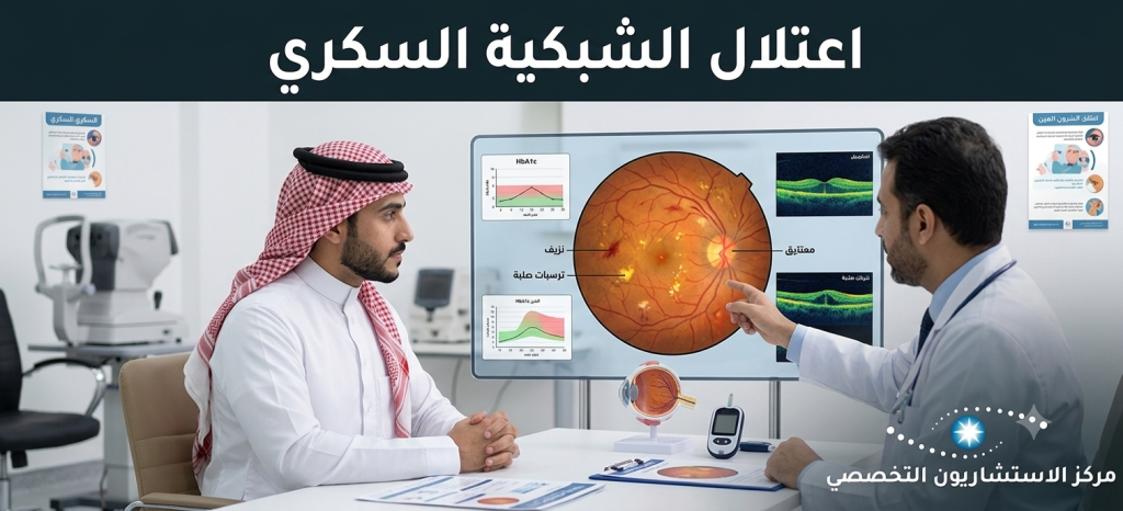صورة توضح كيف يحدث تعرف على اعتلال الشبكية السكري، وأعراضه، ومراحل المرض، وأحدث طرق العلاج، وكيف يساعد ضبط السكر والفحص الدوري في الوقاية من المضاعفات.